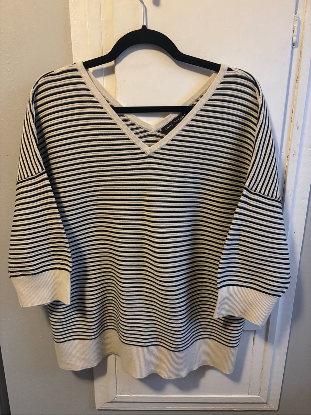 Lane Bryant Cream and Black Striped V-Neck Sweater
